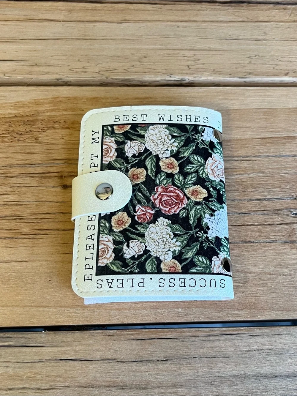 Floral Snap Card Holder Wallet - Black Floral Print with Cream Trim-NWOT